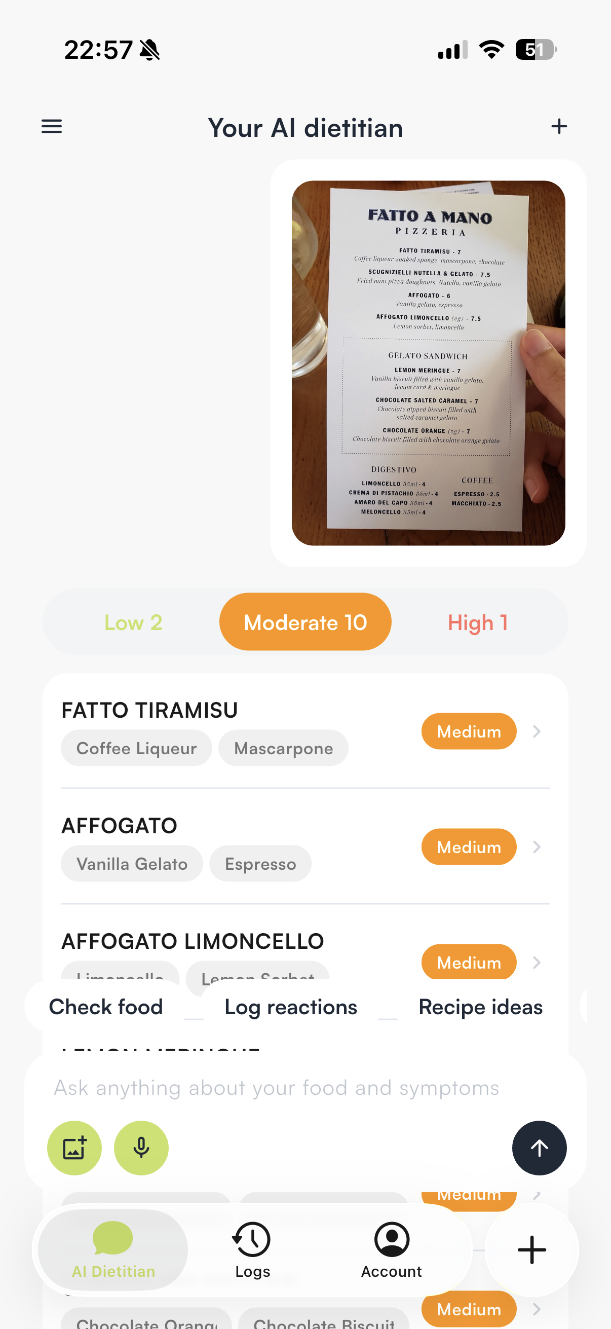 Gutrace menu scan showing personalized Low, Moderate, and High dish results