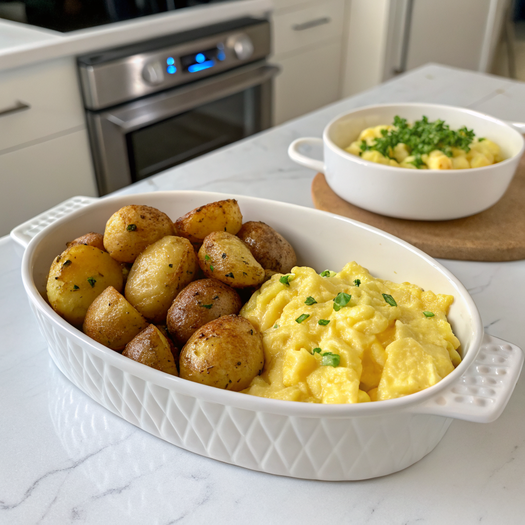 Baked potato without skin served with scrambled eggs