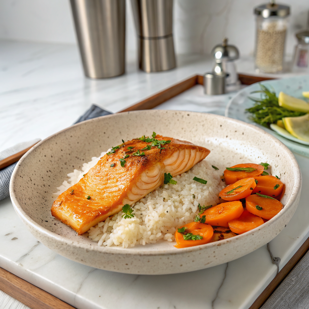 Baked salmon with white rice and cooked carrots on a plate