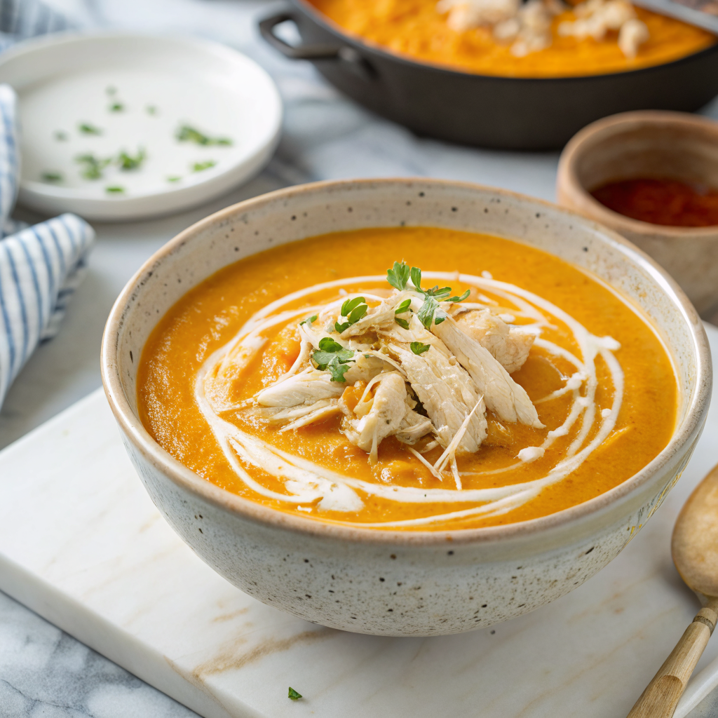 Blended carrot and potato soup topped with shredded chicken
