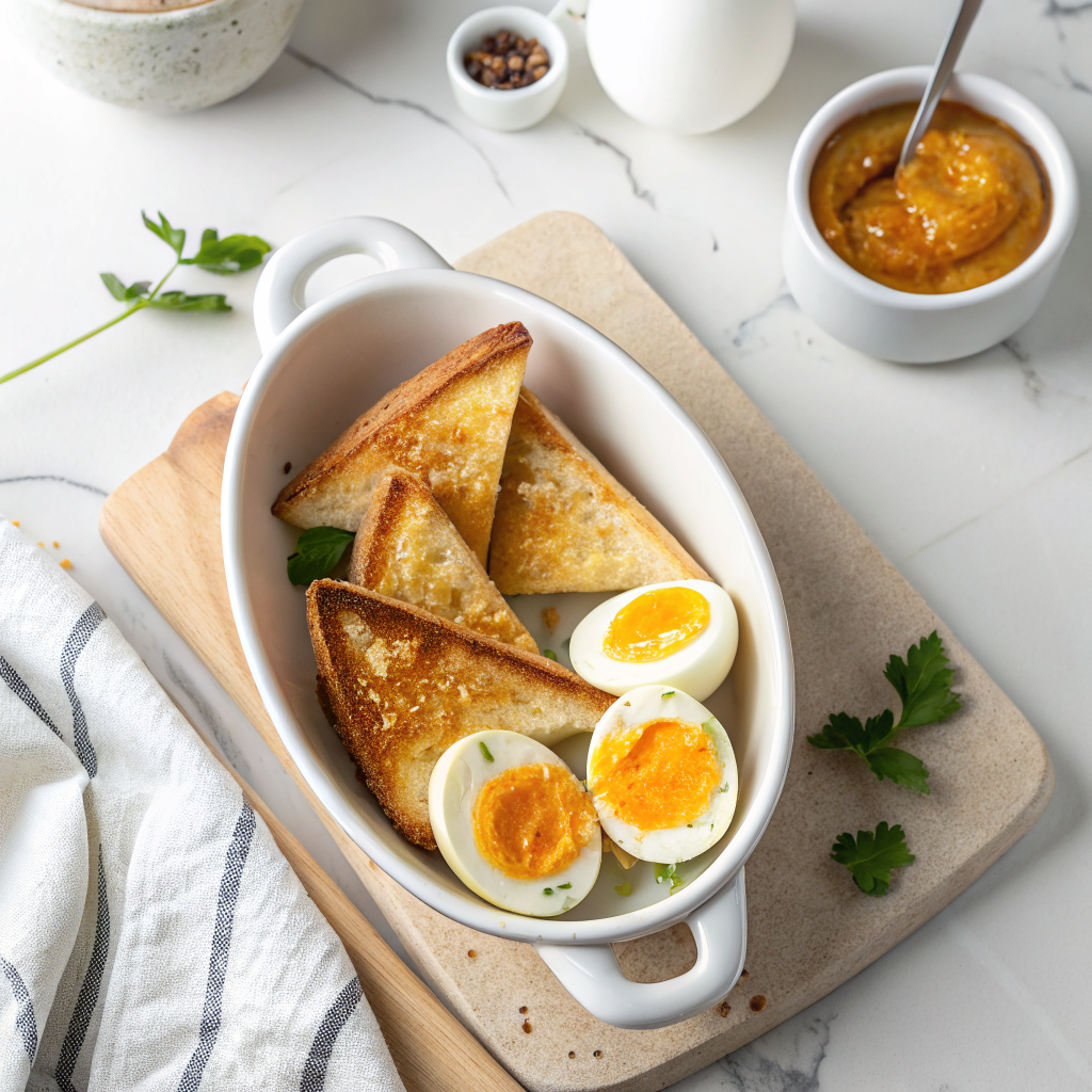 Boiled eggs with toast and applesauce served in a white dish