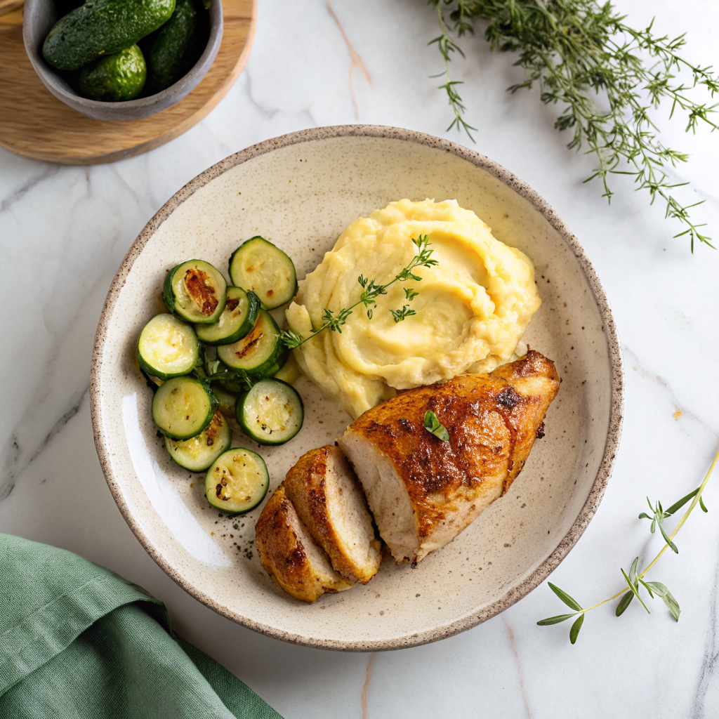 Chicken with mashed potatoes and peeled cooked zucchini on a plate