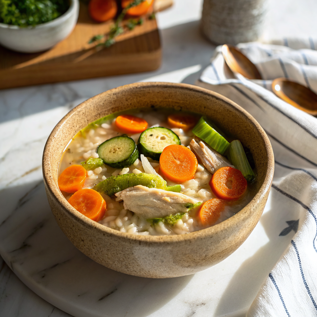 Chicken and rice soup with cooked carrots and zucchini in a bowl