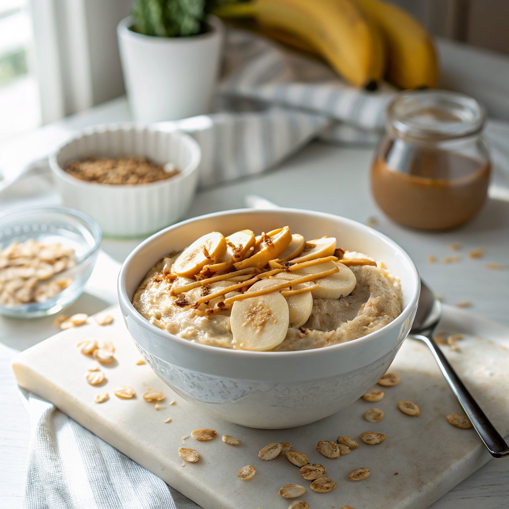Oatmeal topped with banana slices and smooth peanut butter