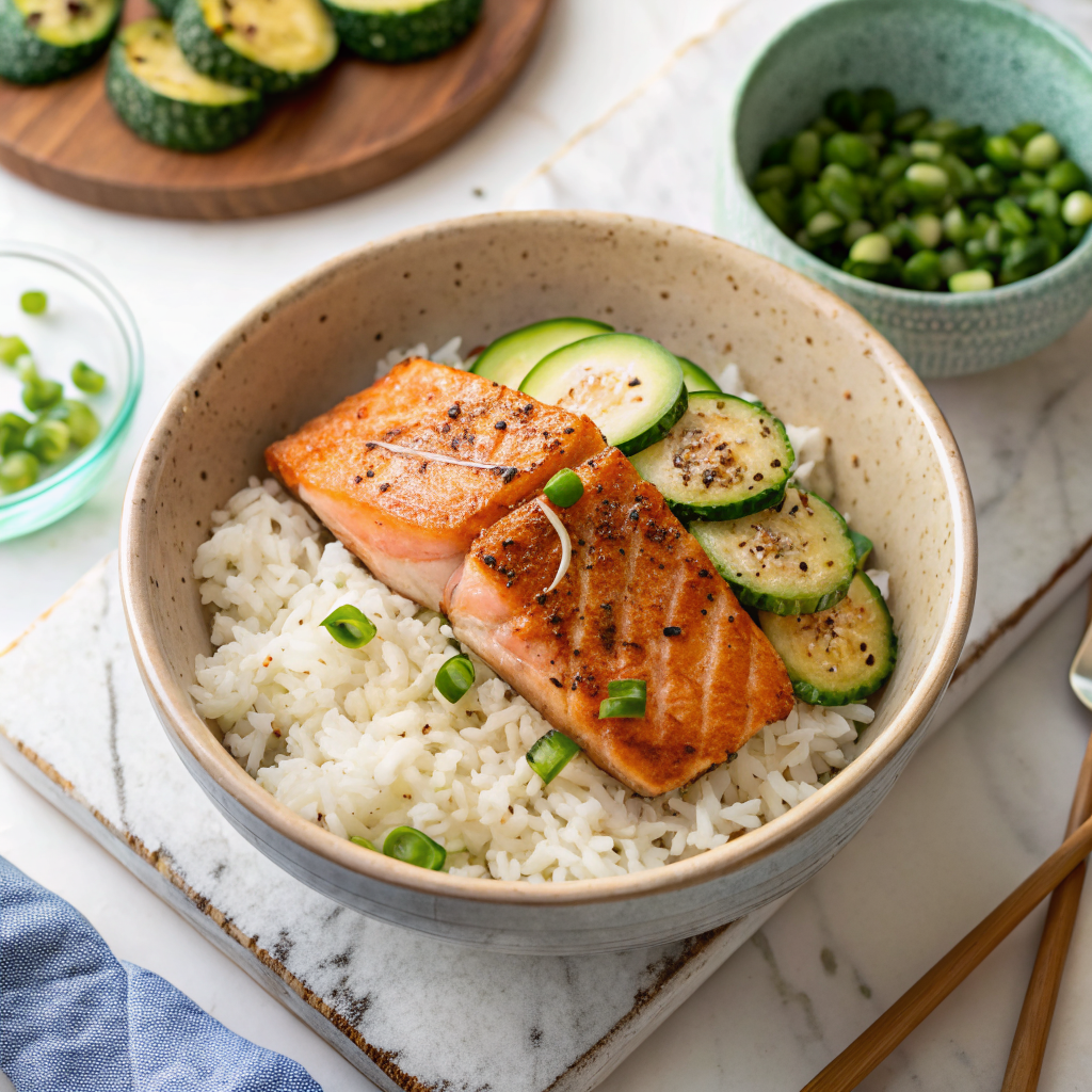 Salmon rice bowl with cooked zucchini and white rice