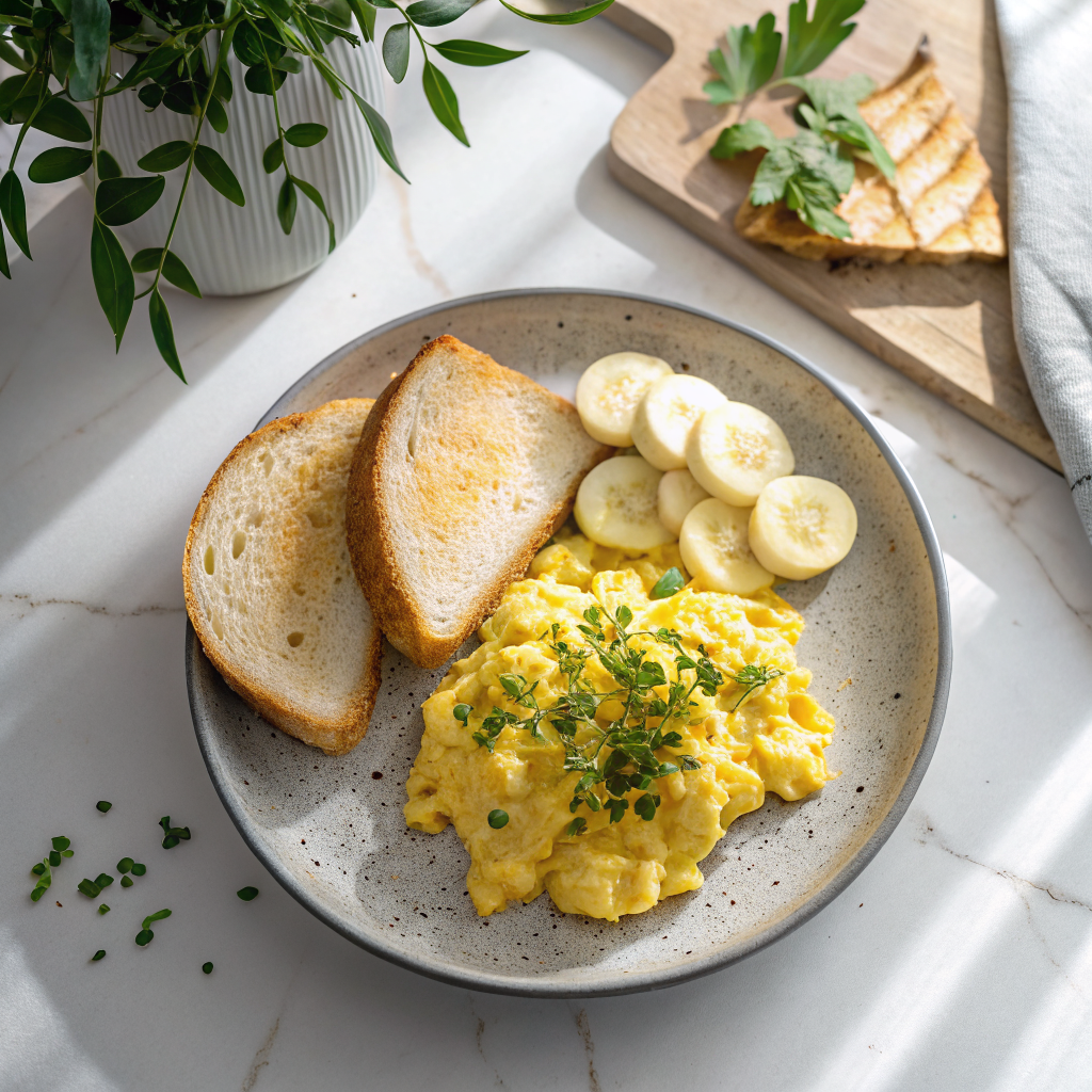 Soft scrambled eggs with white toast and banana slices on a plate